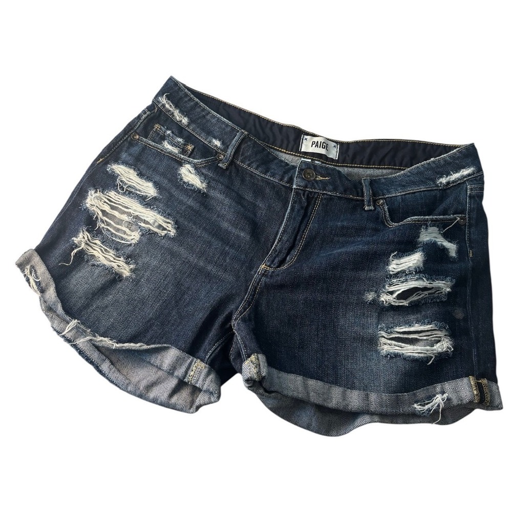PAIGE Jimmy Distressed‎ Denim Jean Shorts Blue Cuffed Hem Women's Mid Rise 31